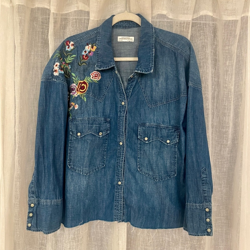 Zara Embroidered Denim Western Pearl Snap Shirt